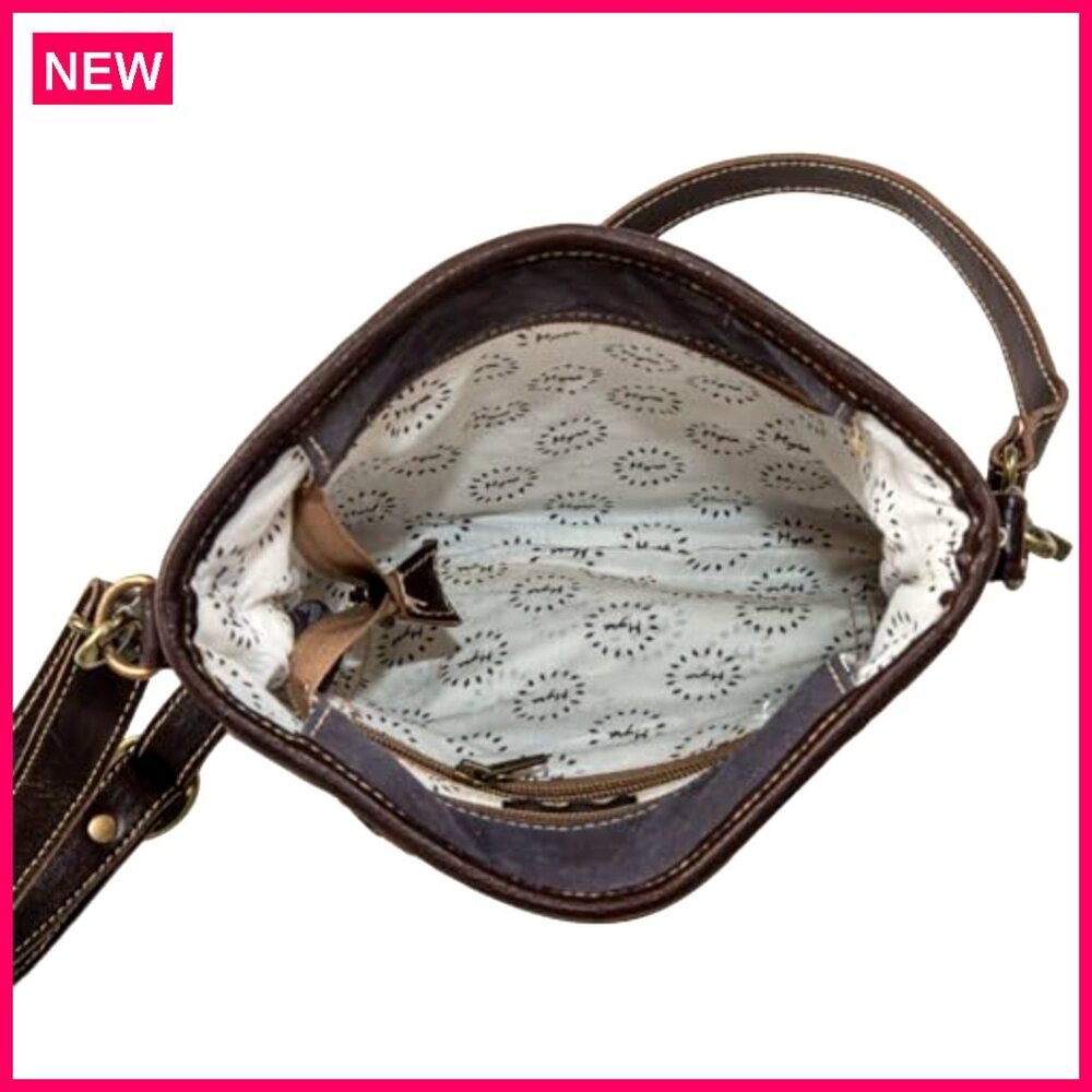 Crossbody Shoulder Bag with Woven Rug Leather Accents Adjustable Strap - Picture 4 of 6
